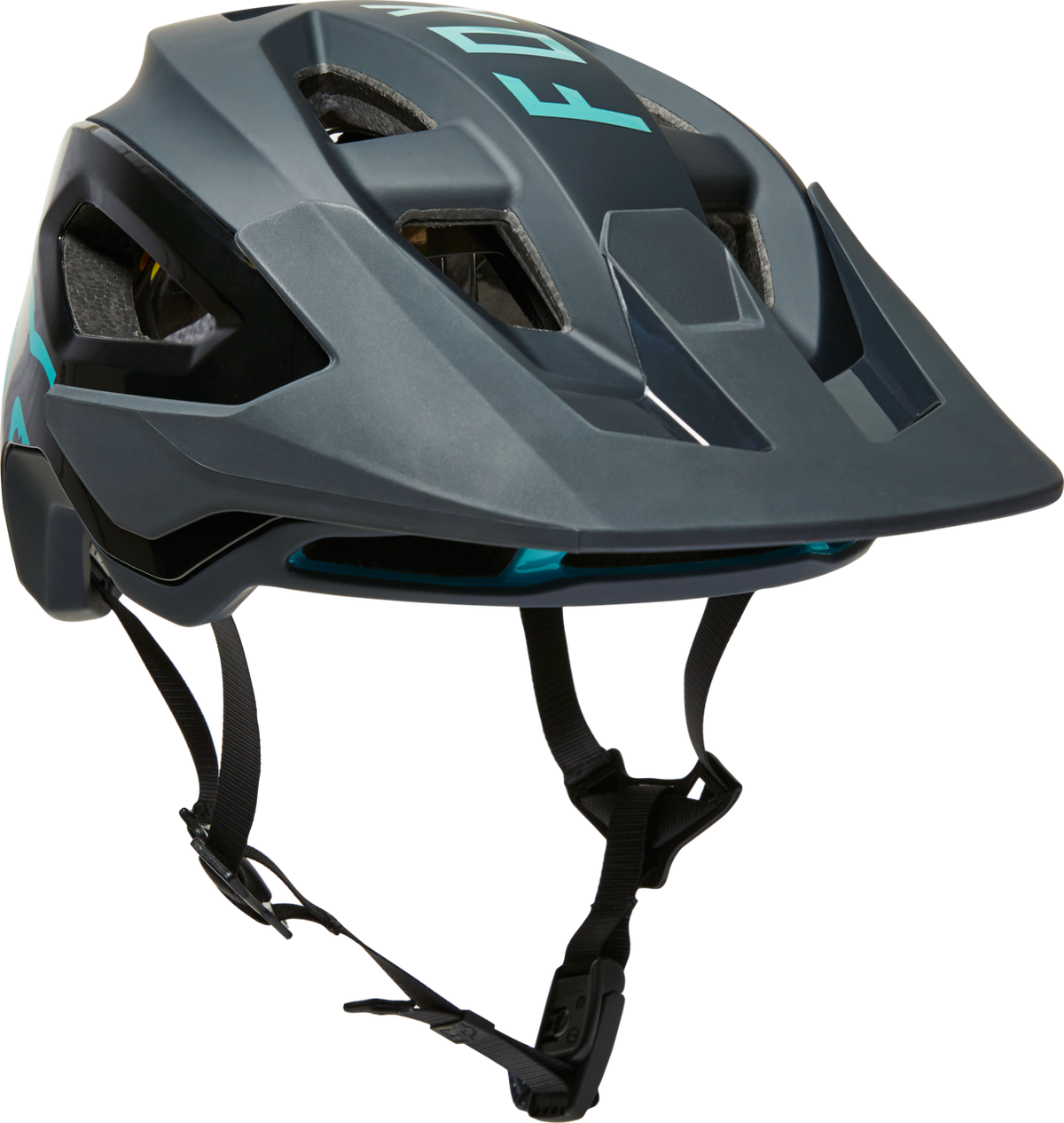 Fox Racing Speedframe Pro MTB helmet in slate blue with teal accents and visor