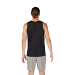 Back view of male model wearing black Fox Racing sleeveless tank top with gray shorts