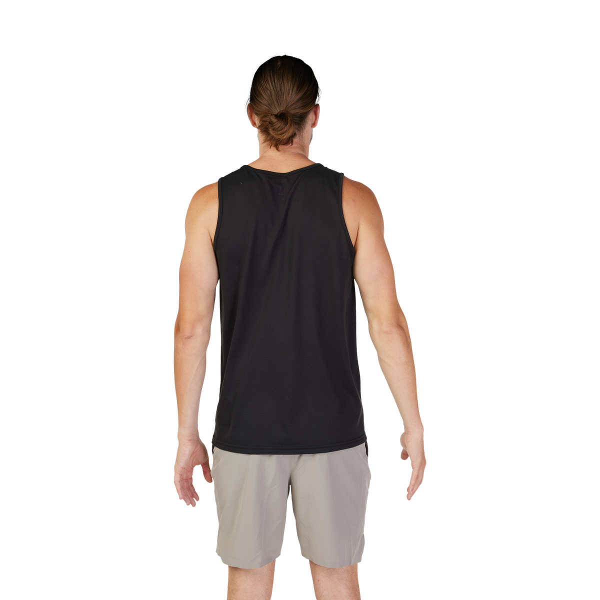 Back view of male model wearing black Fox Racing sleeveless tank top with gray shorts