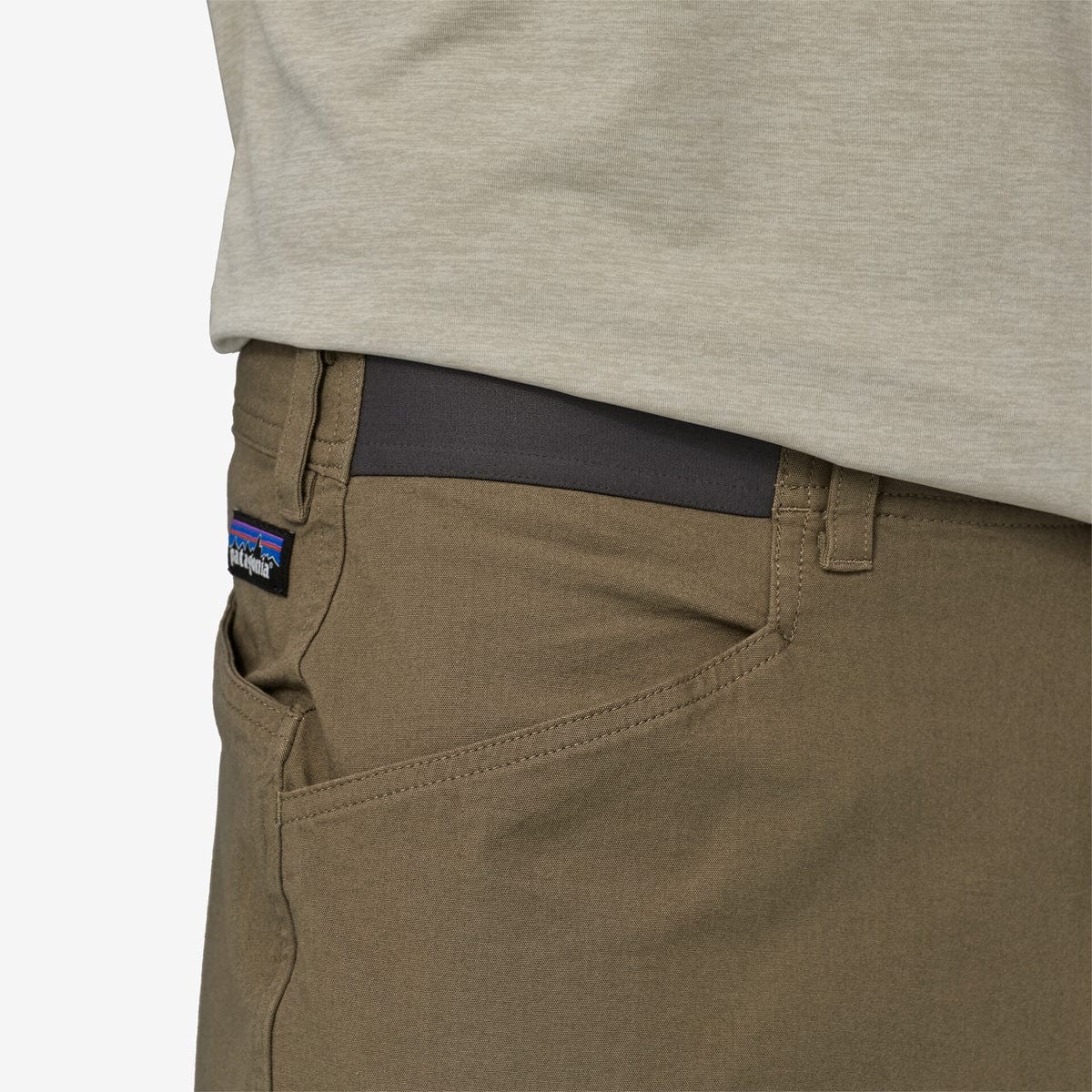 Patagonia Men's Venga Rock Pants in sage khaki with black waistband detail