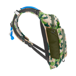 CamelBak Mini M.U.L.E. hydration backpack in camouflage pattern with blue hydration tube