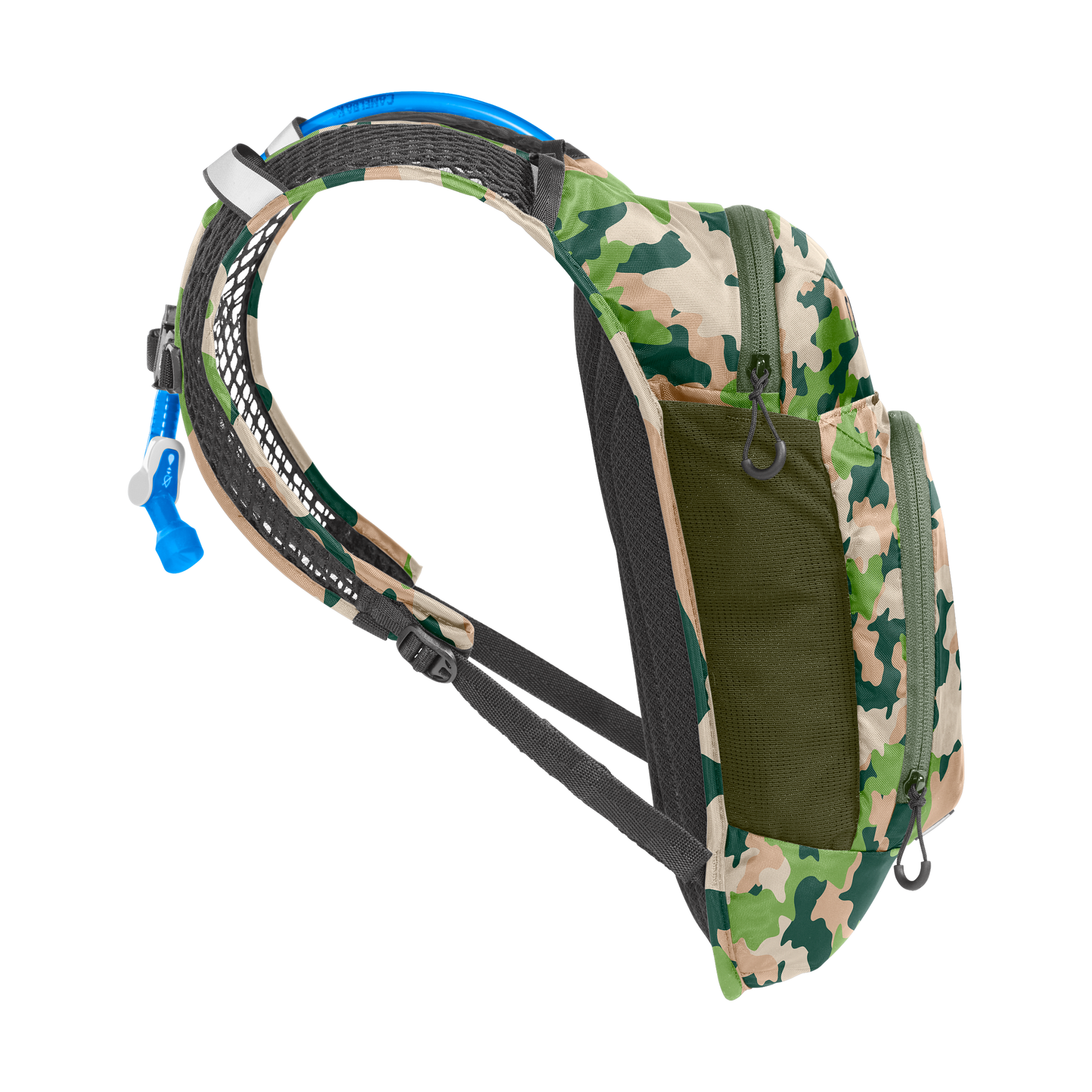 CamelBak Mini M.U.L.E. hydration backpack in camouflage pattern with blue hydration tube