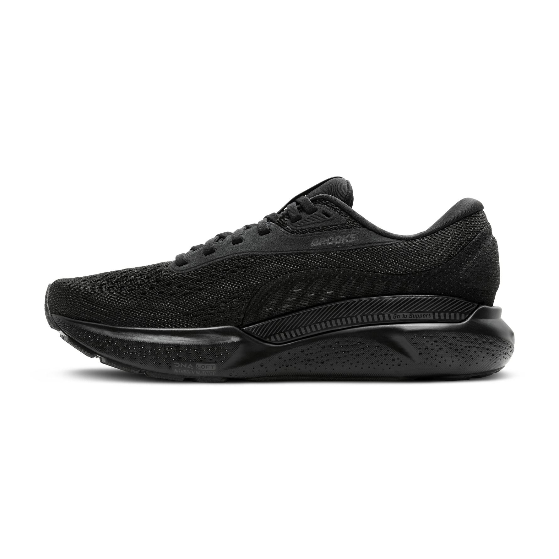 Brooks Adrenaline GTS 24 men's running shoe in all black colorway side view