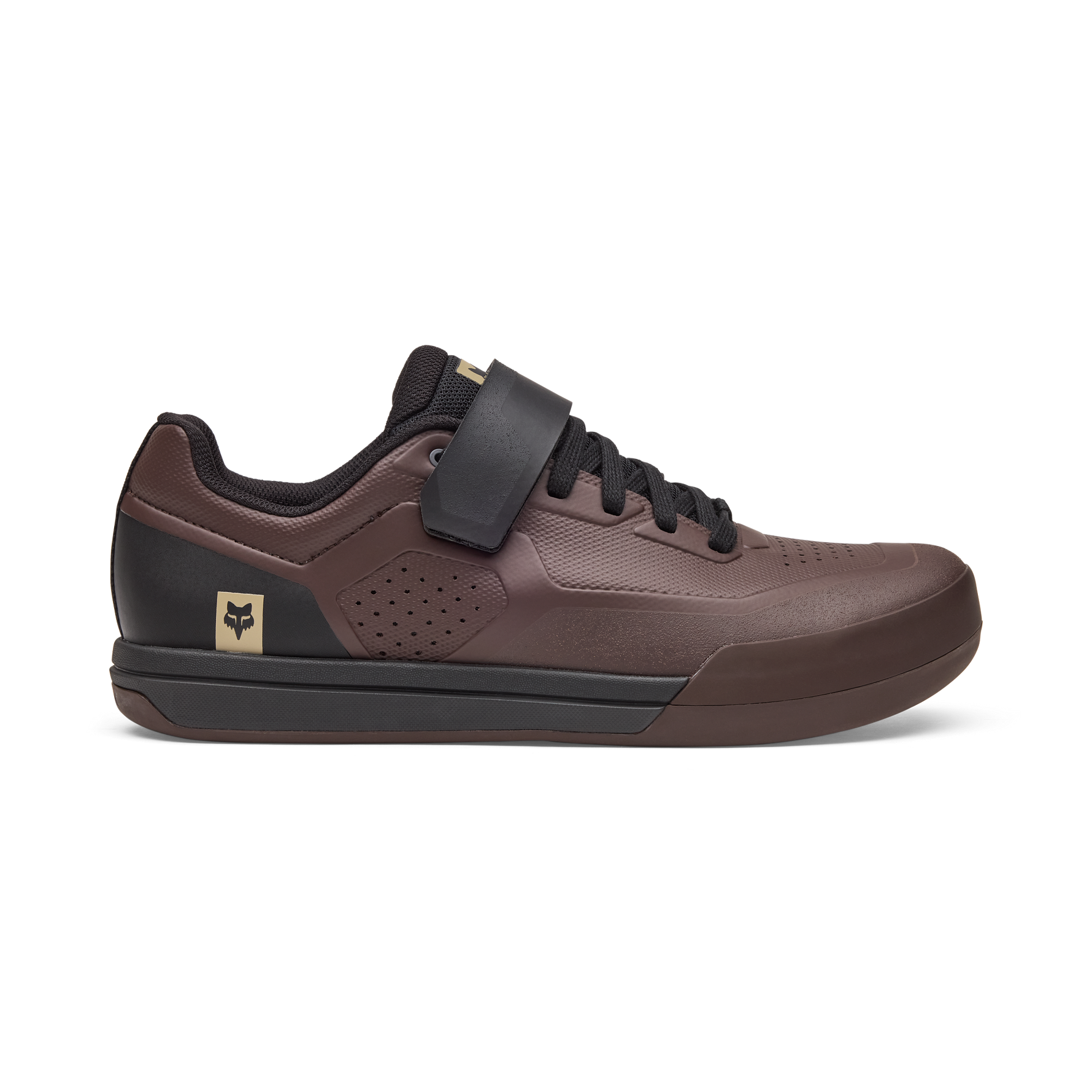 Fox Racing Union Clipless MTB Shoes in mocha brown with black accents and velcro strap