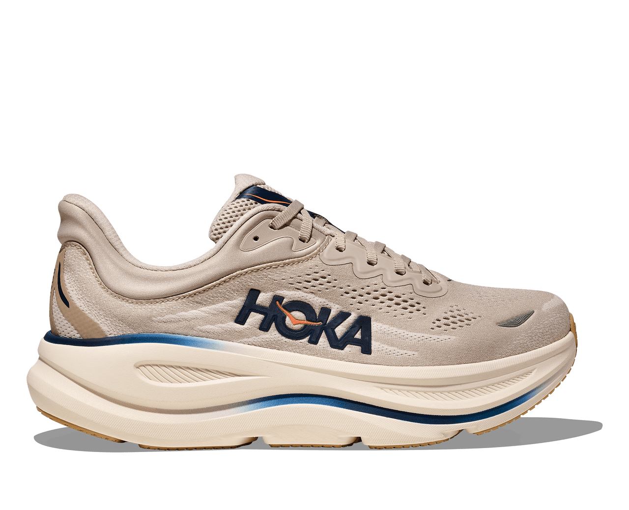 HOKA Bondi 9 running shoe in stucco beige colorway with blue accents