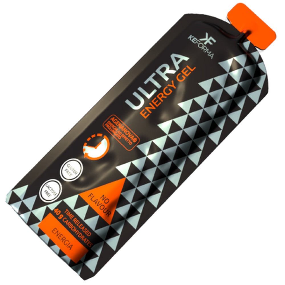 Keforma Ultra Energy Gel No Flavor single packet with black geometric design and orange cap