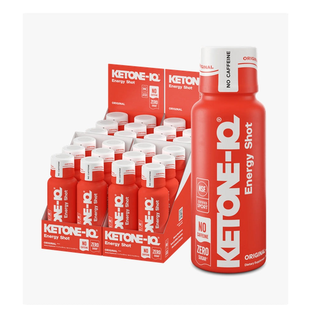 Ketone-IQ Energy Shot Original flavor red bottles displayed with retail box set
