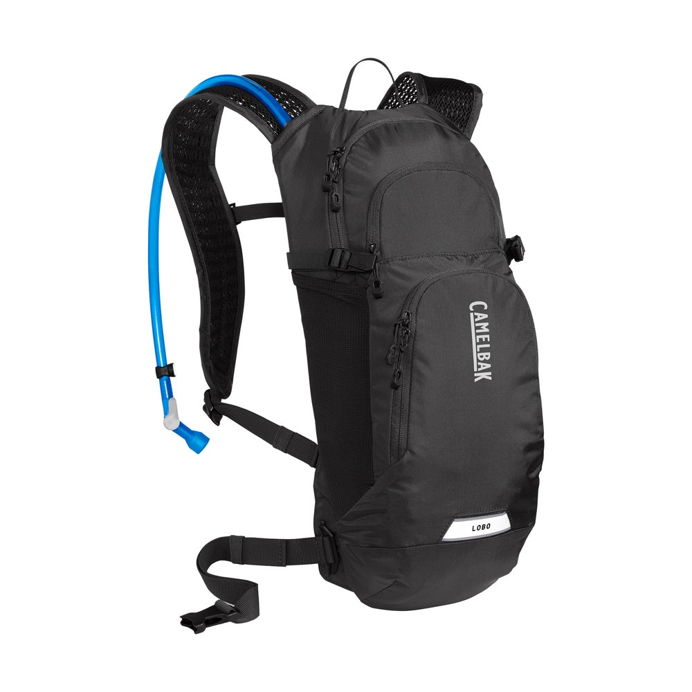 CamelBak Lobo black hydration backpack with blue drinking tube on white background