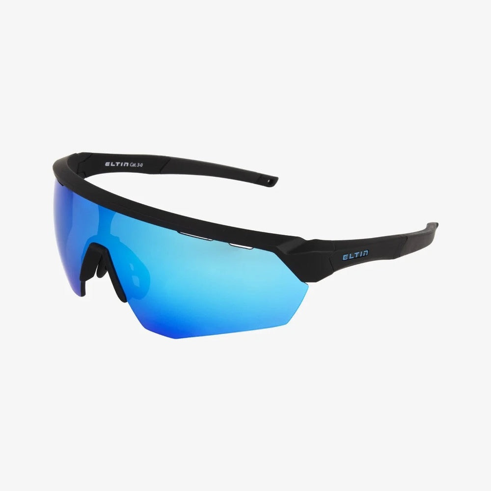 Eltin sports sunglasses with matte black frame and blue mirrored lenses