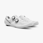White Shimano S-Phyre cycling shoes with dual BOA dials on clean background