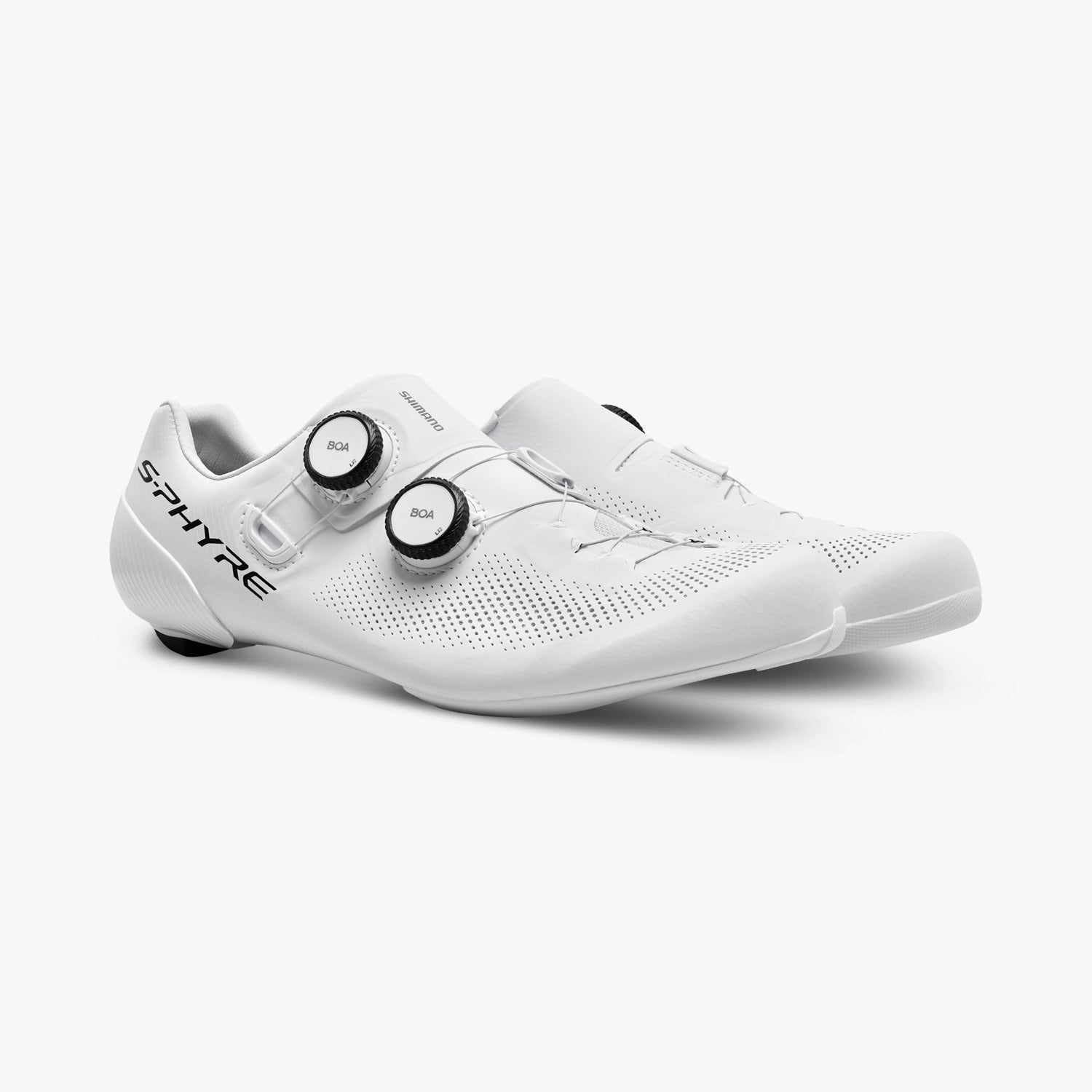 White Shimano S-Phyre cycling shoes with dual BOA dials on clean background