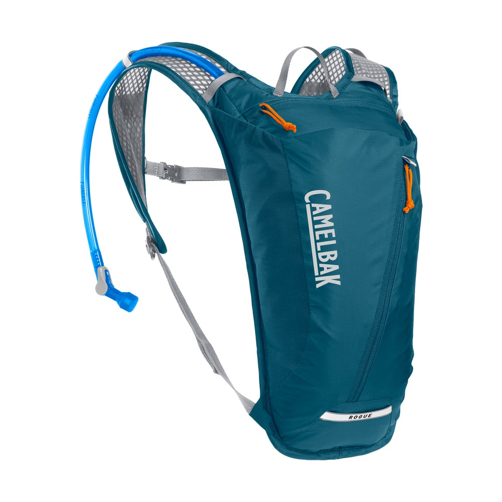 CamelBak Rogue hydration backpack in teal with blue water tube and gray straps