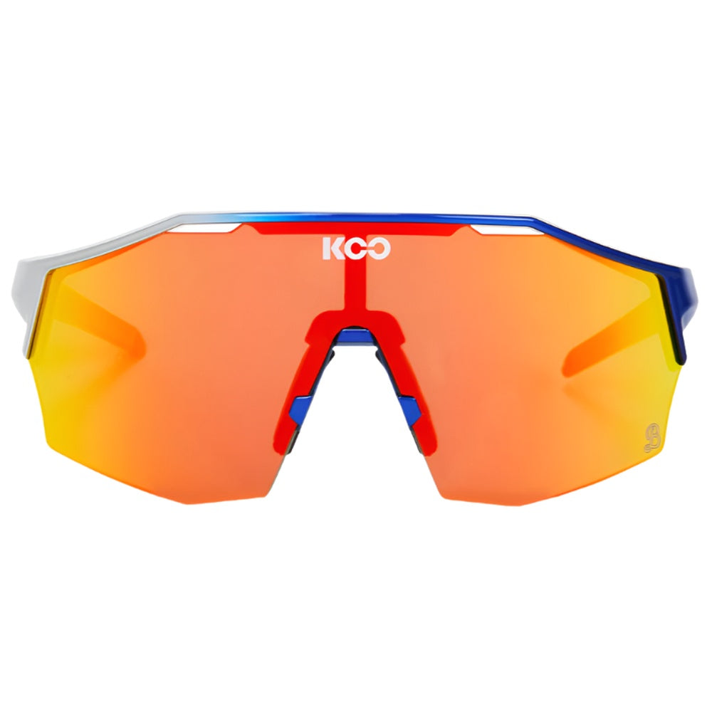 KOO Alibi cycling sunglasses with red mirror lenses and blue-red frame