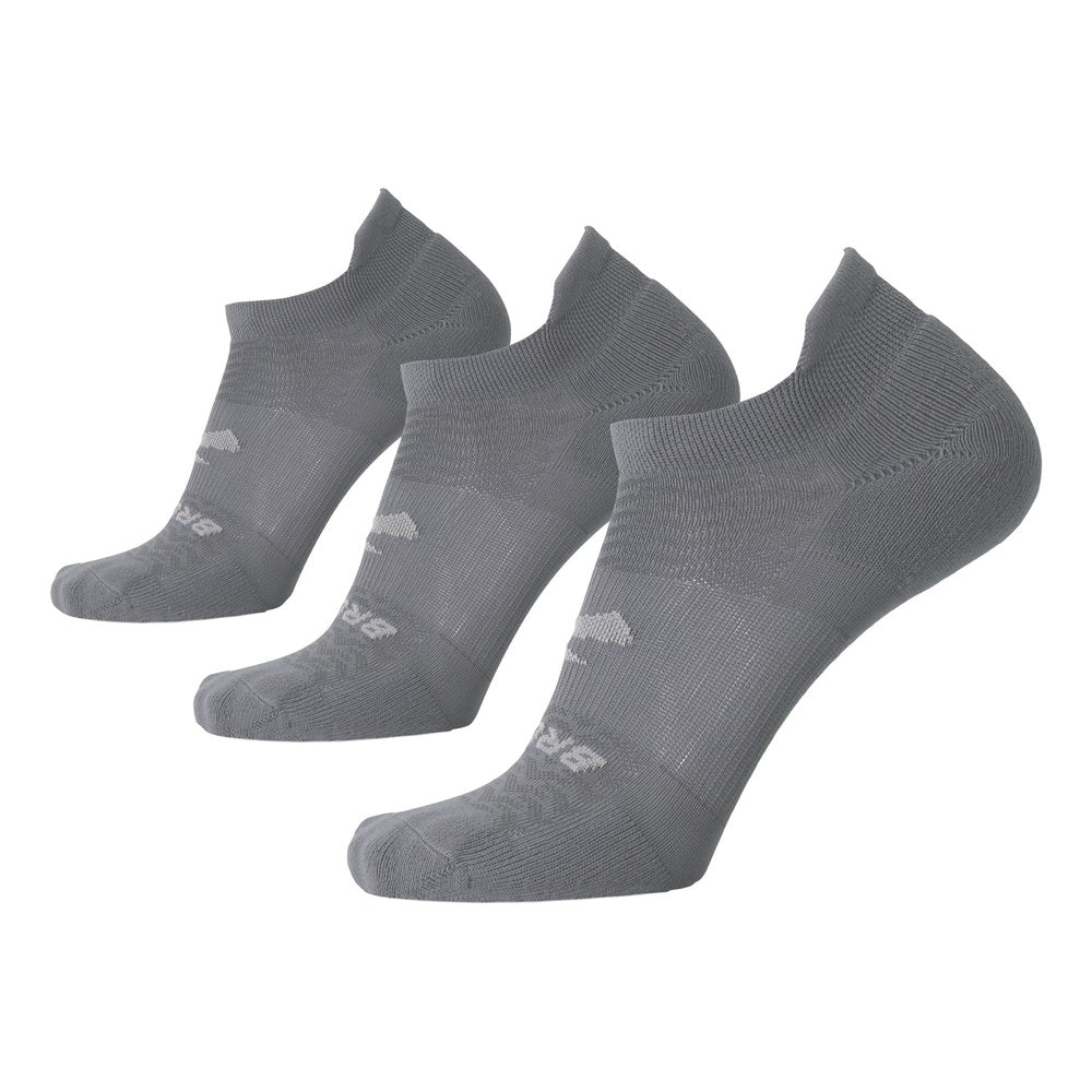 Three gray Brooks no-show running socks with brand logos on clean white background