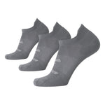 Three gray Brooks no-show running socks with brand logos on clean white background