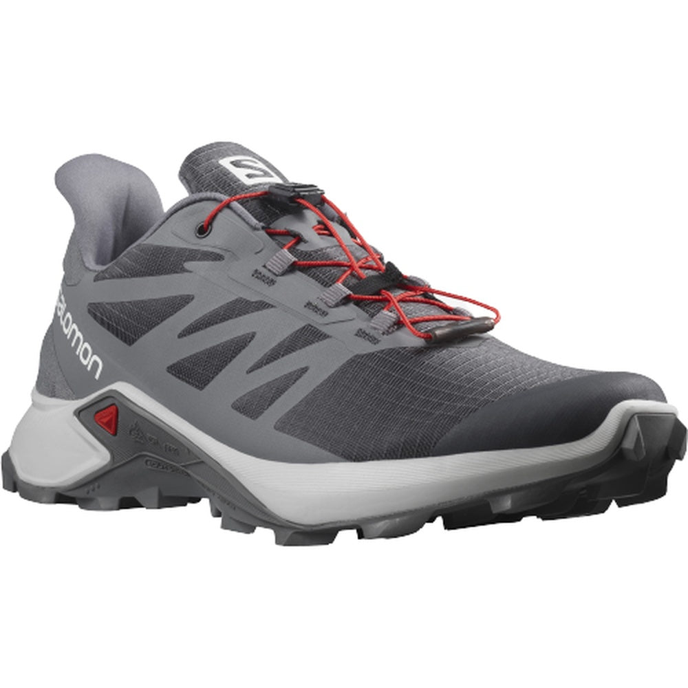 Salomon Supercross 3 men's trail running shoe in gray colorway with red laces