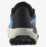 Salomon Genesis men's trail running shoe heel view showing black and blue colorway