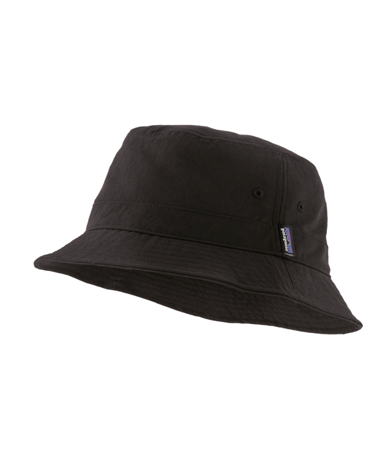 Black Patagonia Wavefarer bucket hat with brand label on clean white background