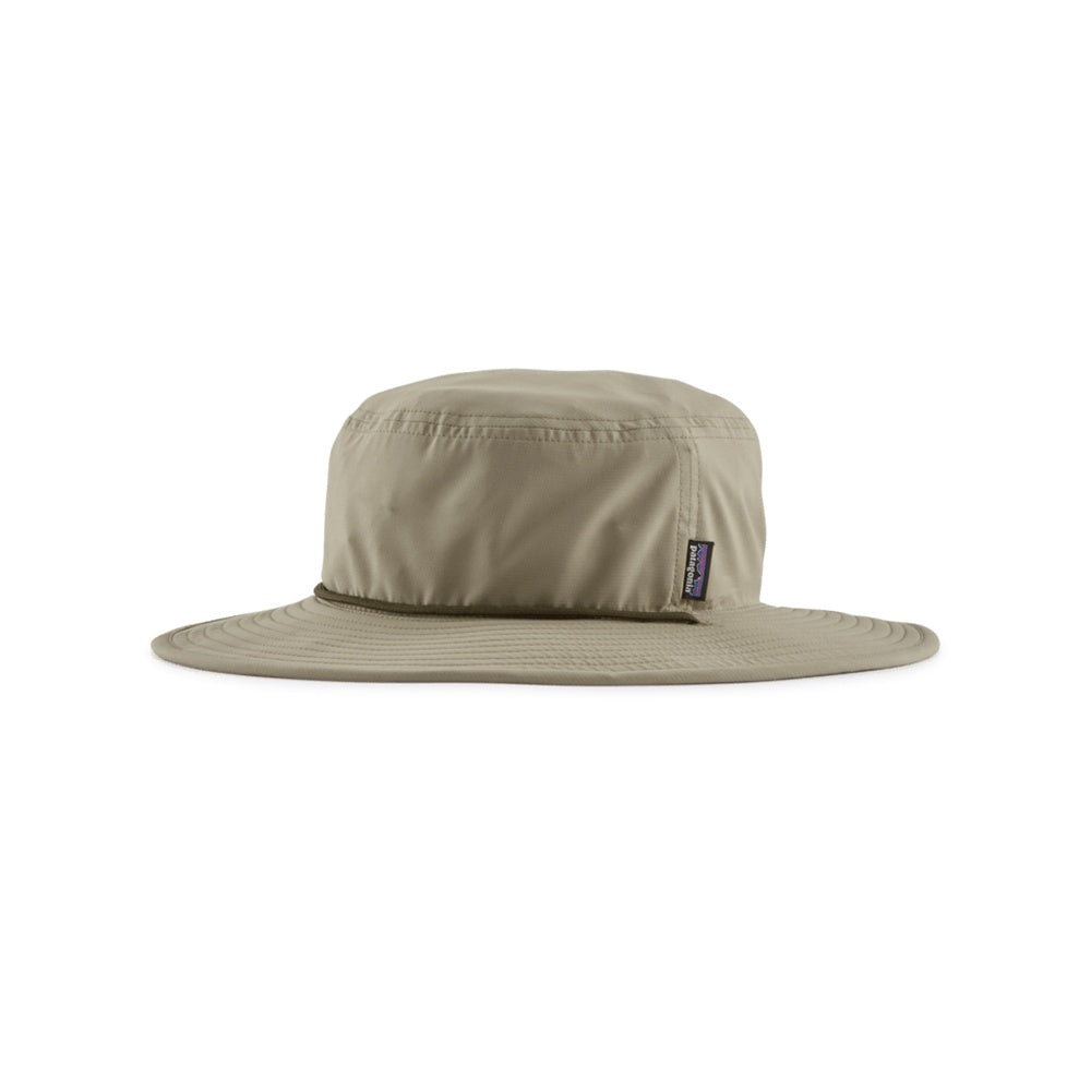 Patagonia Brimmer Hat in sage green with wide brim and purple brand label