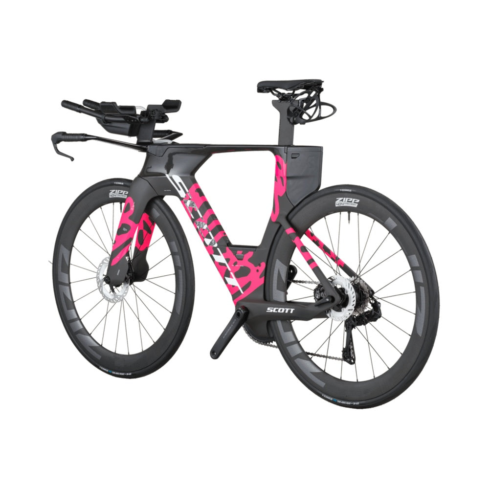 Scott Plasma RC triathlon bike with aerodynamic frame and pink geometric graphics