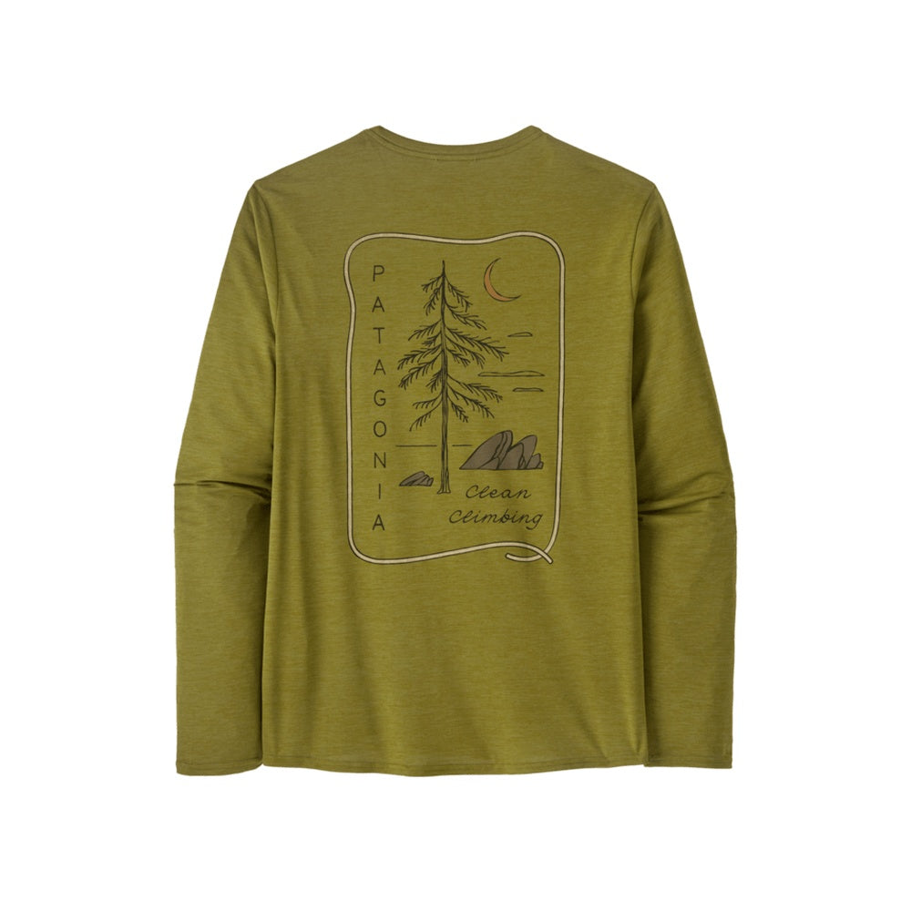 Patagonia long-sleeved green shirt with Patagonia tree and climbing graphic on back