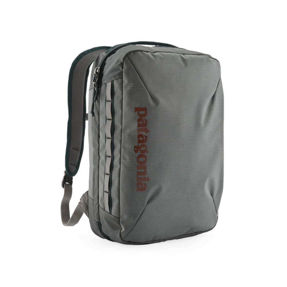 Patagonia Black Hole MLC backpack in Noble Grey with red logo text