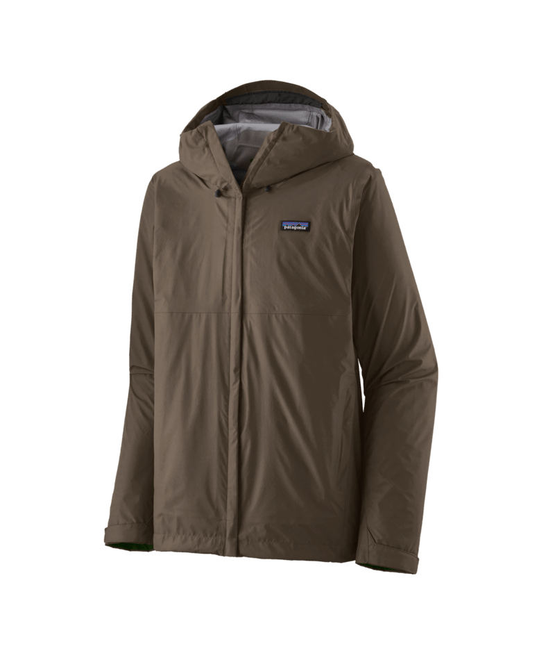 Patagonia Torrentshell 3L Rain Jacket in olive green with hood up