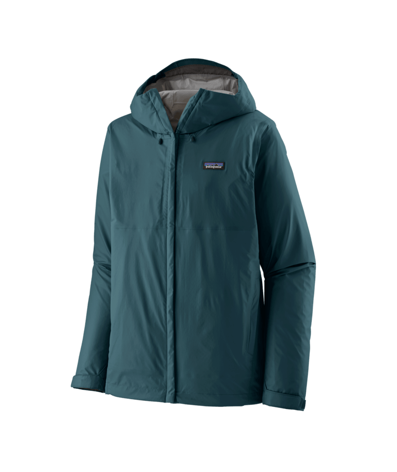 Patagonia Torrentshell 3L Rain Jacket in teal green with hood and zipper