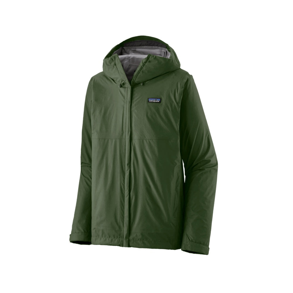 Patagonia Torrentshell 3L Rain Jacket in green with hood and zip front