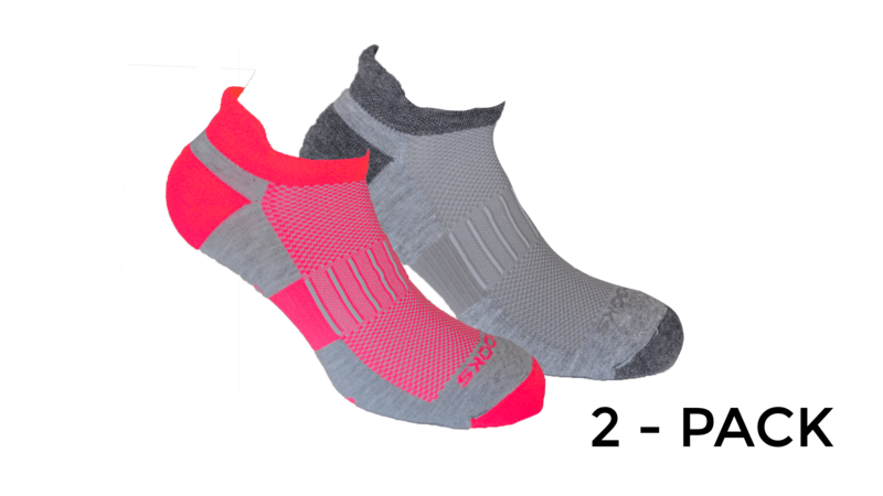 Brooks Ghost Midweight 2-pack running socks in pink/gray and gray/charcoal colorways