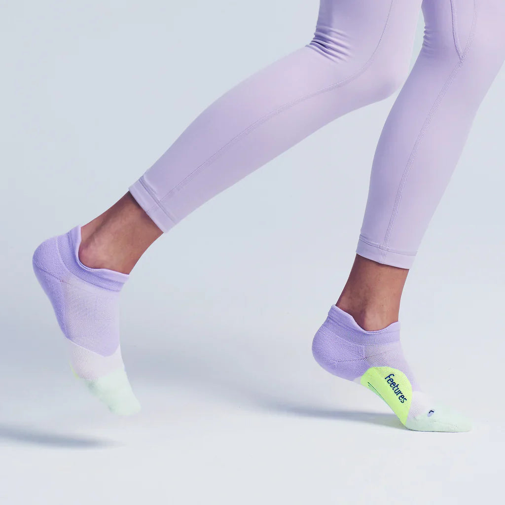 Feetures Elite Light Cushion Tab socks in lavender purple with gradient design