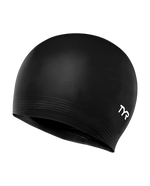 TYR black latex swim cap with ribbed texture detail on white background