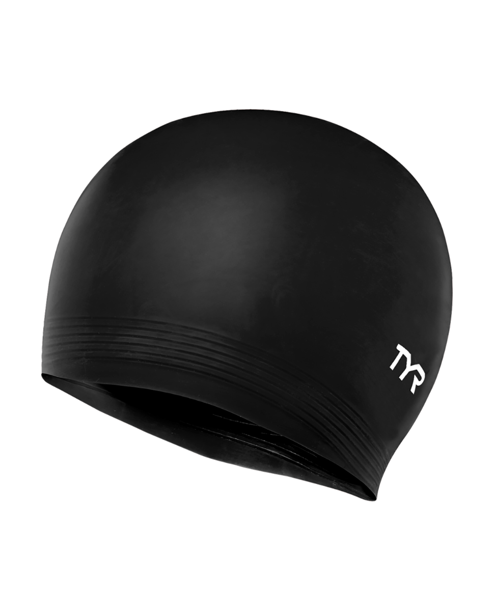 TYR black latex swim cap with ribbed texture detail on white background