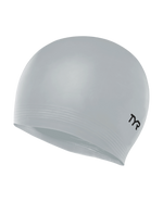 TYR silver latex swim cap with black logo on clean white background