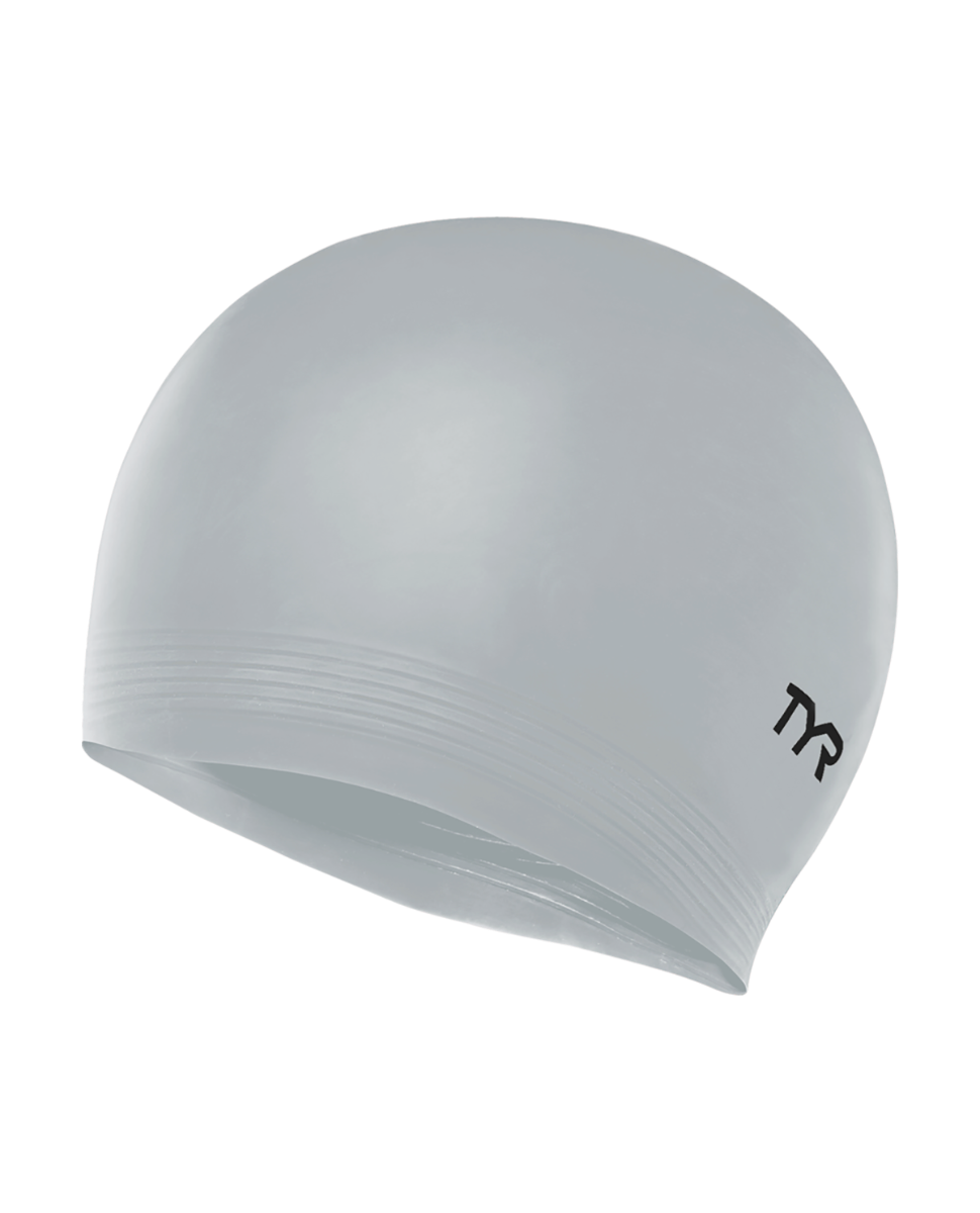 TYR silver latex swim cap with black logo on clean white background