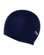 TYR navy blue latex swim cap with white logo on clean background