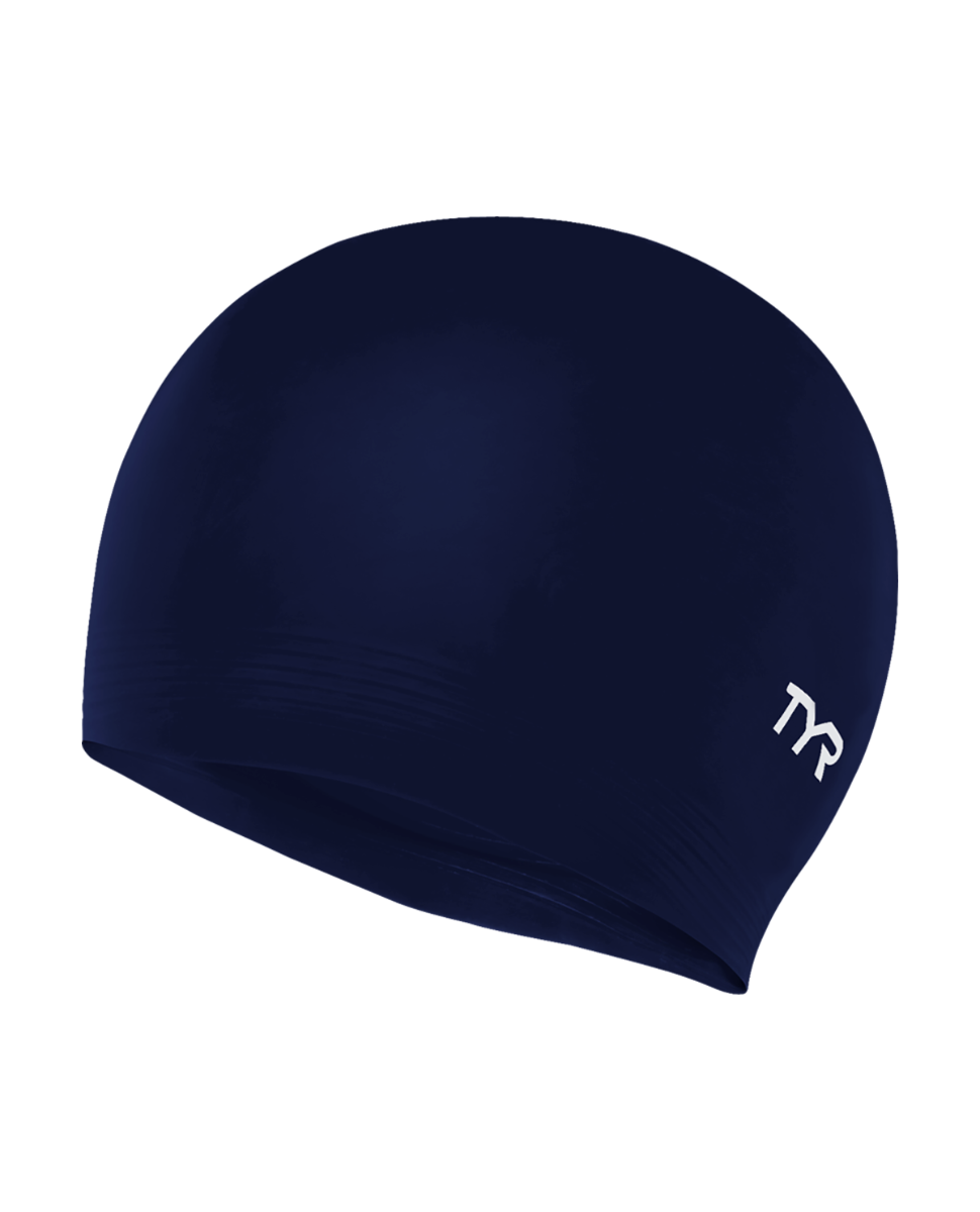 TYR navy blue latex swim cap with white logo on clean background