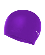 Purple TYR latex swim cap with white TYR logo on clean background