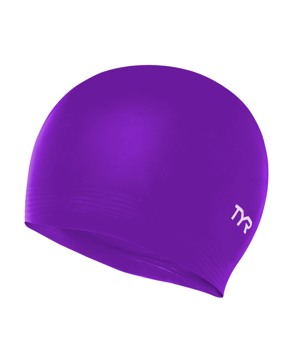 Purple TYR latex swim cap with white TYR logo on clean background
