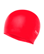 TYR red latex swim cap with white logo on clean white background
