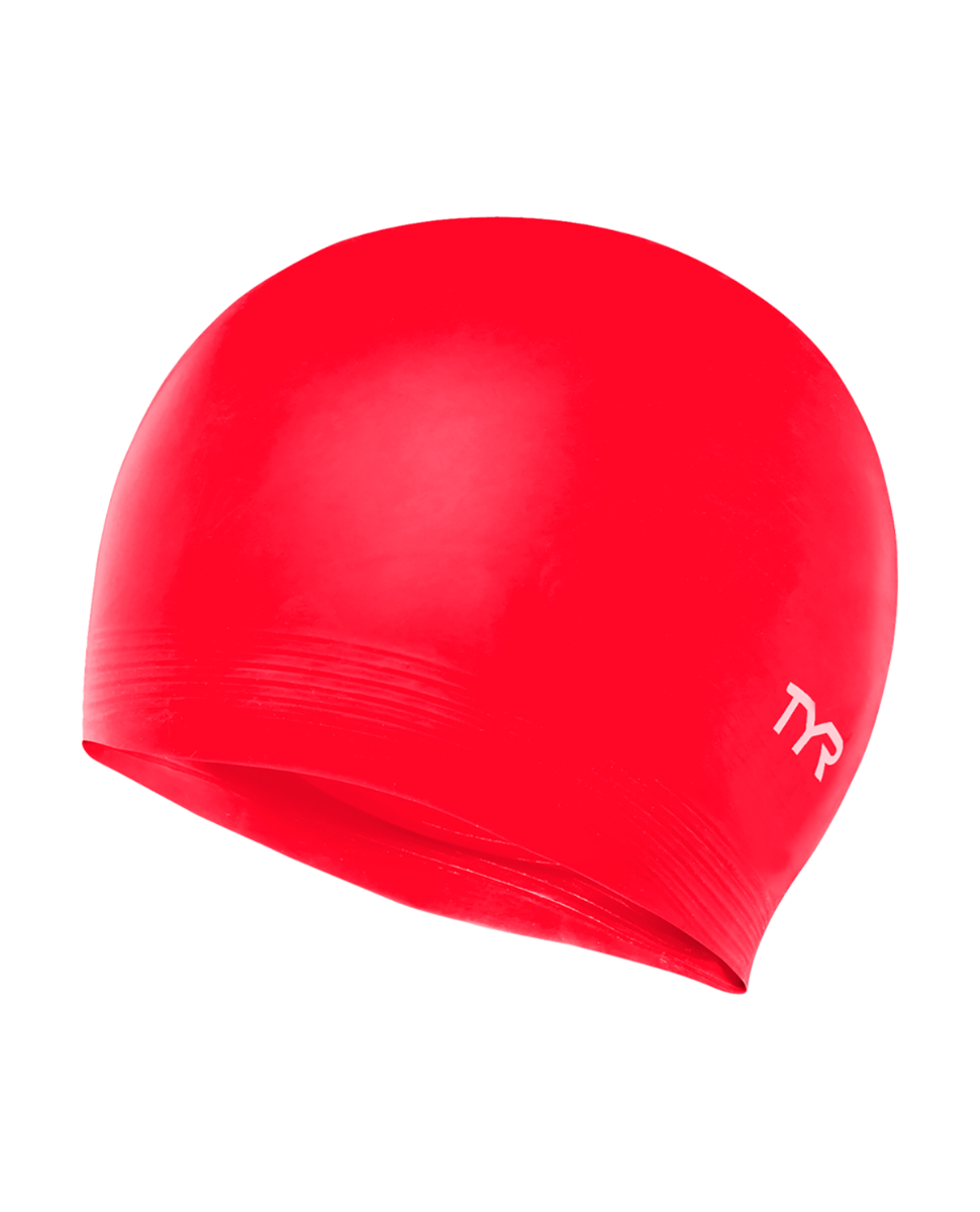 TYR red latex swim cap with white logo on clean white background