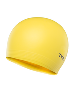 TYR bright yellow latex swim cap with logo on clean white background
