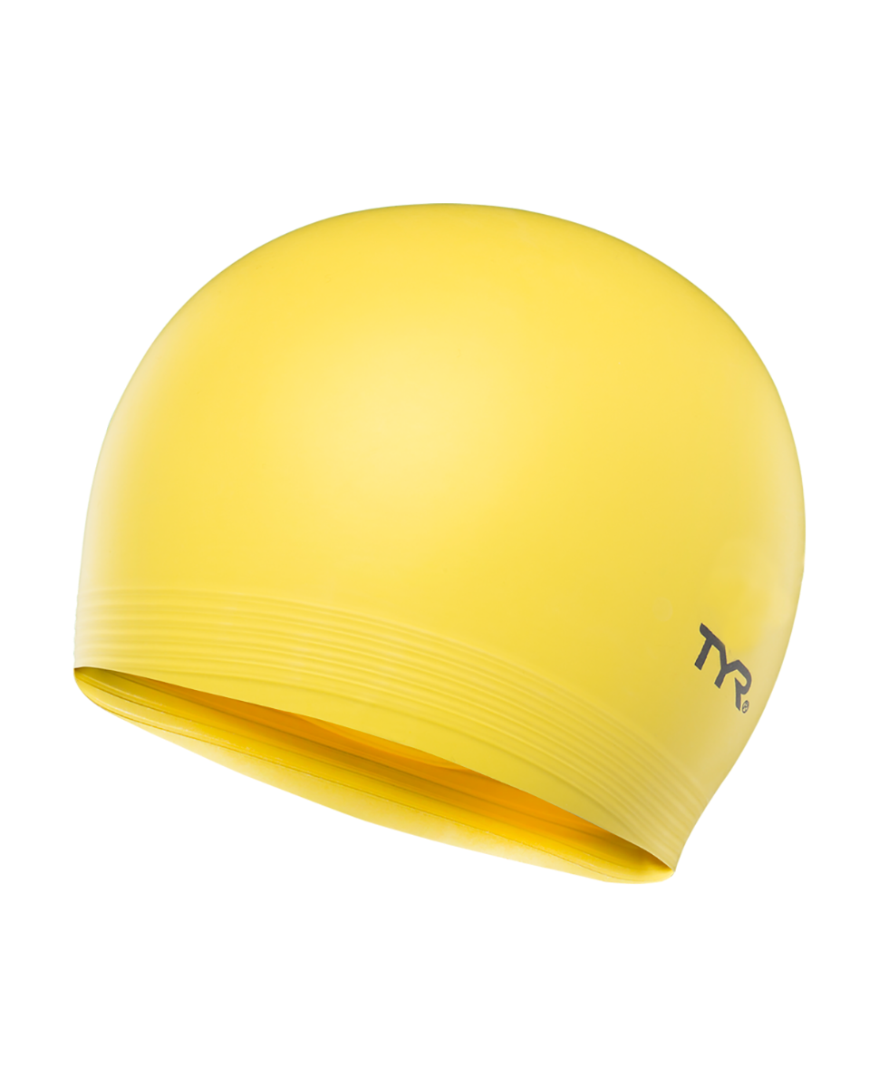 TYR bright yellow latex swim cap with logo on clean white background