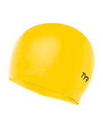TYR bright yellow latex swim cap with brand logo on clean background