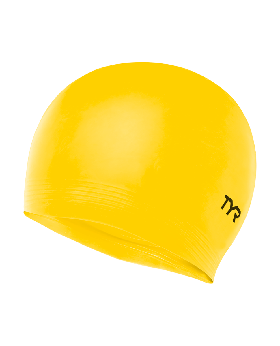 TYR bright yellow latex swim cap with brand logo on clean background