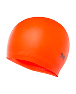TYR orange latex swim cap with logo on clean white background