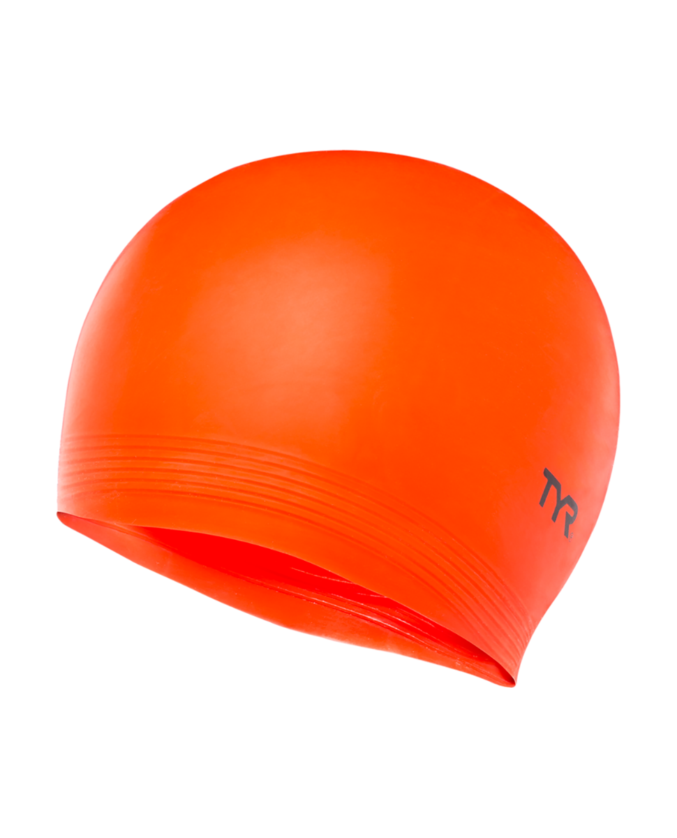 TYR orange latex swim cap with logo on clean white background