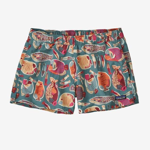 Patagonia Women's Barely Baggies Shorts in teal with colorful tropical fish print