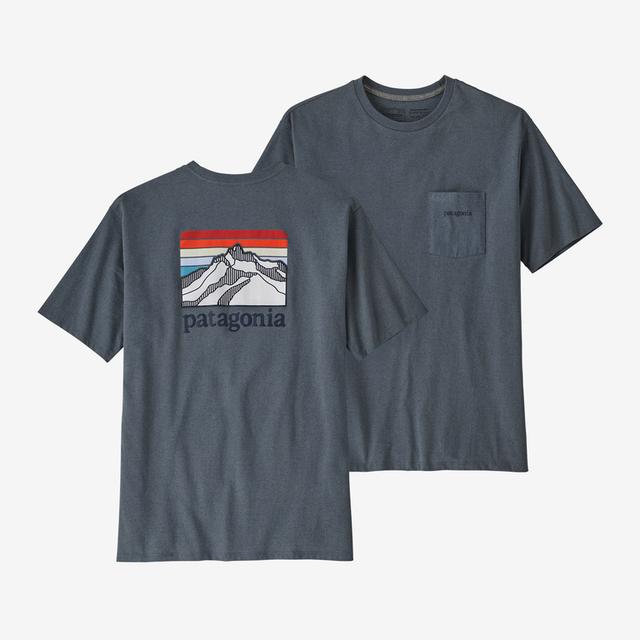 Patagonia men's gray t-shirt with mountain logo graphic and chest pocket