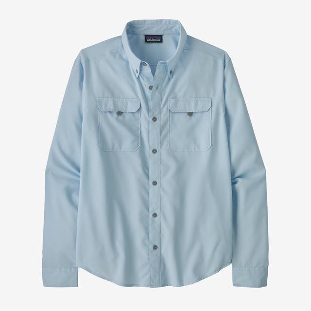 Patagonia Men's Long-Sleeved Self-Guided Hike Shirt in Chilled Blue with button-down collar